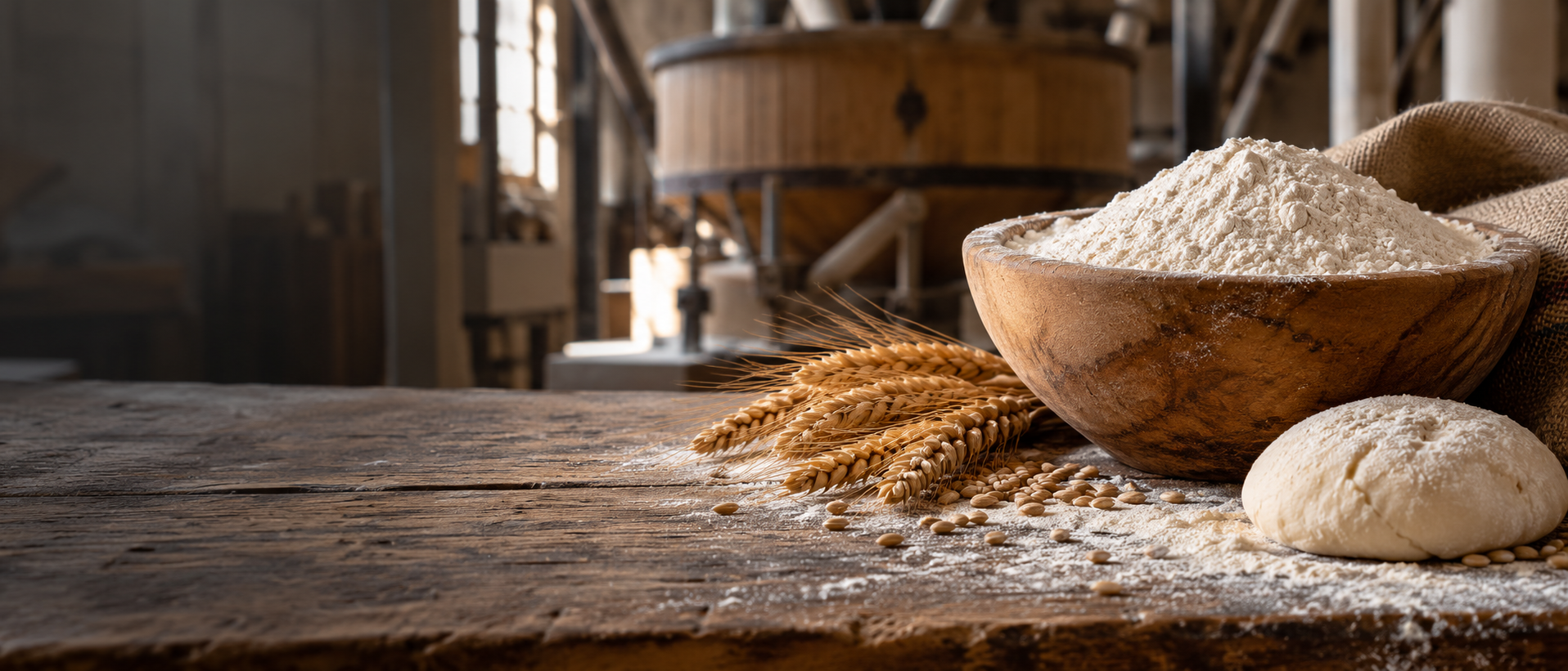 A flour mill quality bench with a beautiful wooden bowl of white flour, wheat heads and a small dough sample, softly blurred milling equipment behind